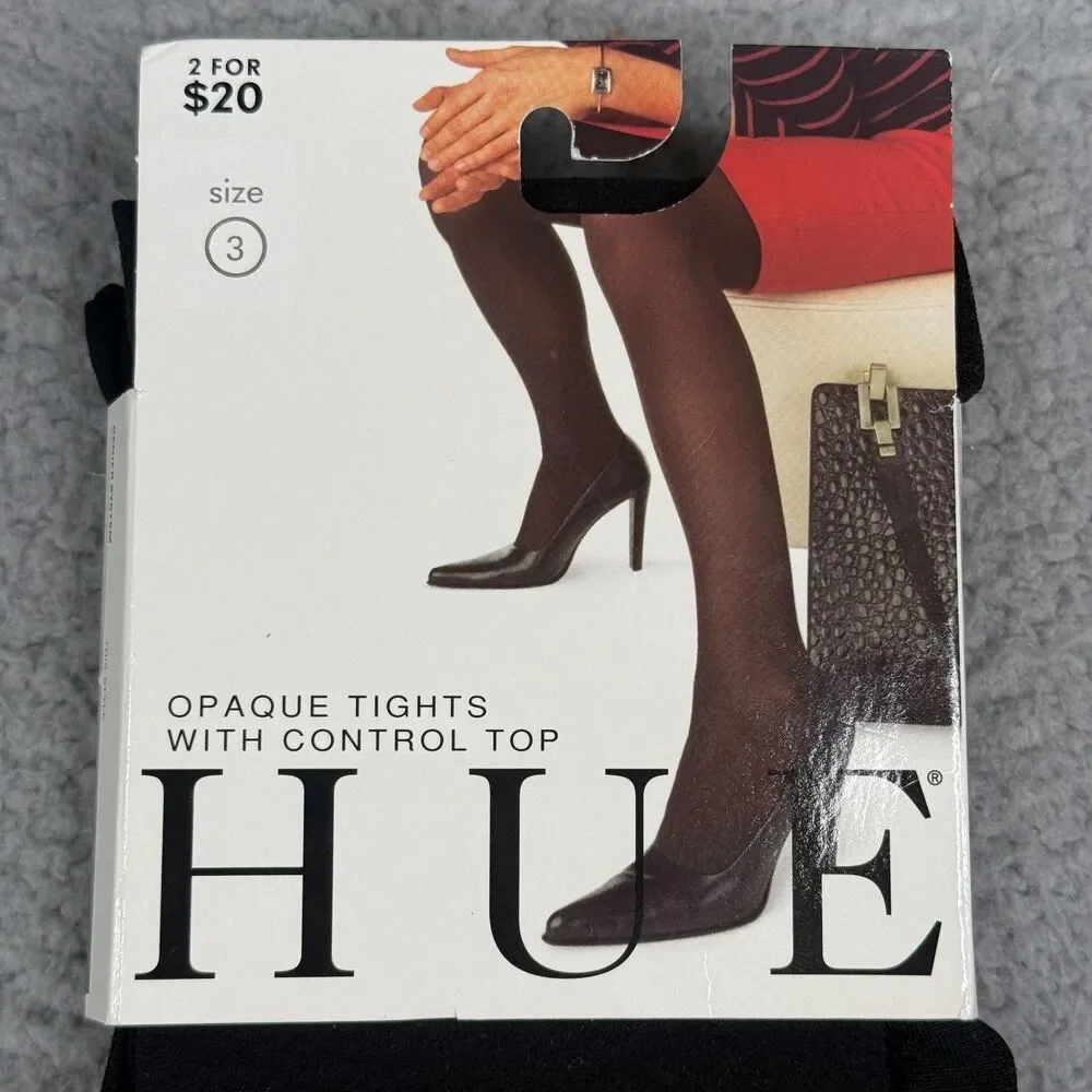 HUE Opaque Control Top Tights Womens Size 3 Black Goth Dark Academia Preppy NIP